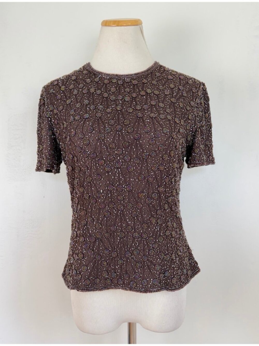 Vintage Beaded Silk Blouse Size Small 1990s Brown Iridescent Beads Silk Top
